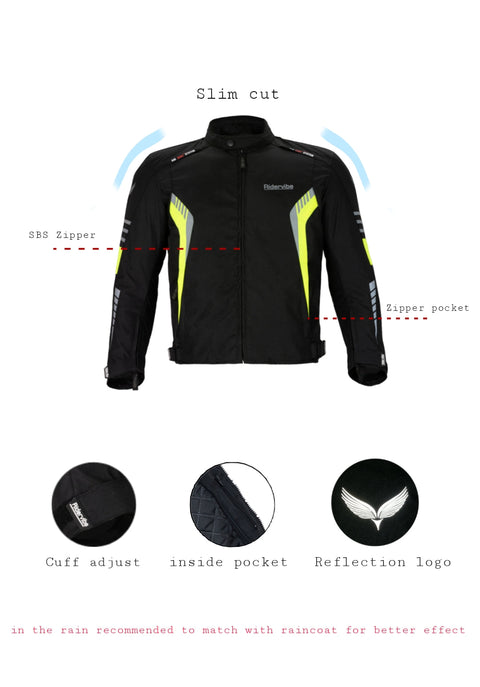 Dream Apparel Men's CE Armored Nylon & Mesh Motorcycle Neon and Black Waterproof Biker Jackets