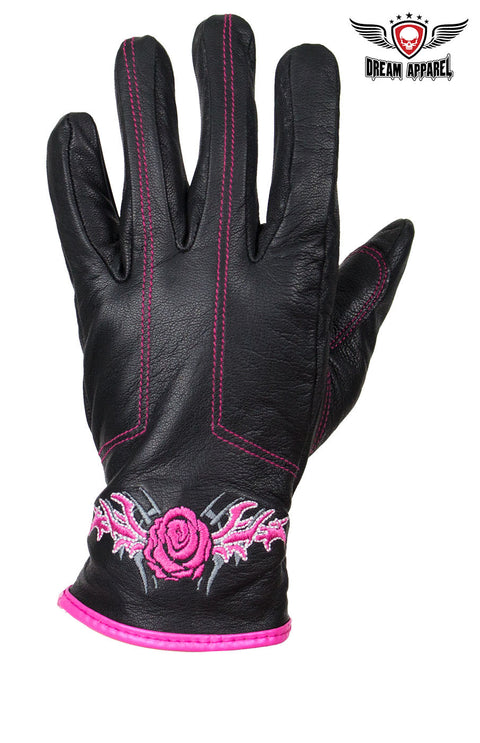 Pink-Rose Graphic Embroidered Leather Gloves