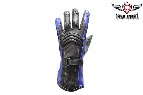 Womens Blue Full Finger Leather Gauntlet Gloves