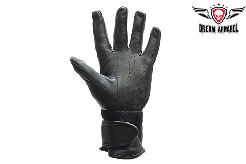 Womens Blue Full Finger Leather Gauntlet Gloves