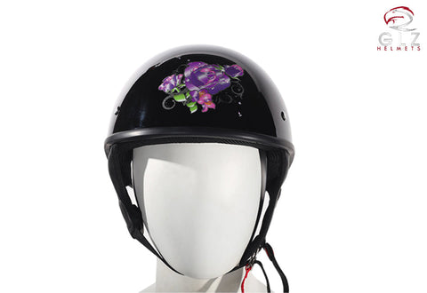 Womens Shiny Black DOT Approved Motorcycle Helmet W/ Purple Rose Design