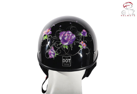 Womens Shiny Black DOT Approved Motorcycle Helmet W/ Purple Rose Design