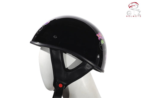 Womens Shiny Black DOT Approved Motorcycle Helmet W/ Purple Rose Design