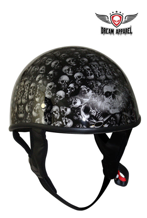 DOT Approved Low Profile Motorcycle Helmet With Black Finish & Skull Graphics