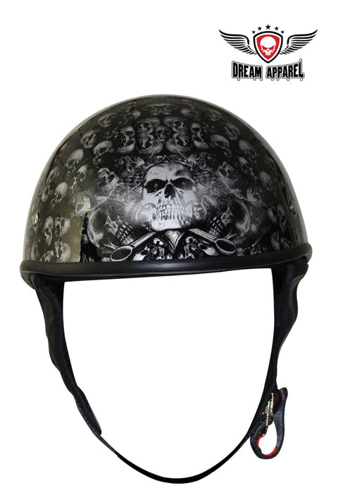 DOT Approved Low Profile Motorcycle Helmet With Black Finish & Skull Graphics