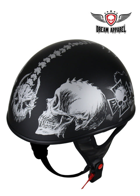 Flat Black DOT Helmet with Grey Horned Skeletons