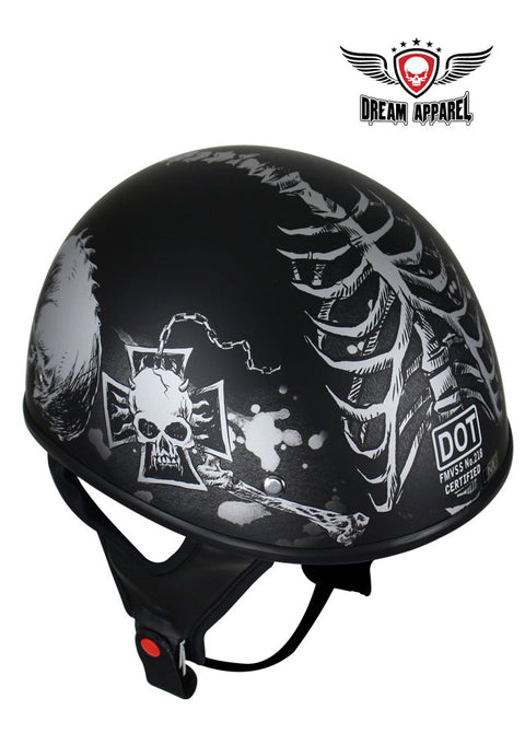 Flat Black DOT Helmet with Grey Horned Skeletons