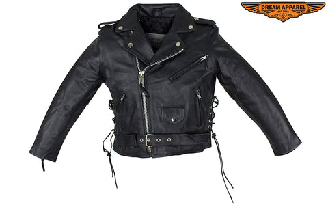 Teens Leather Motorcycle Jacket With Snap Down Collar