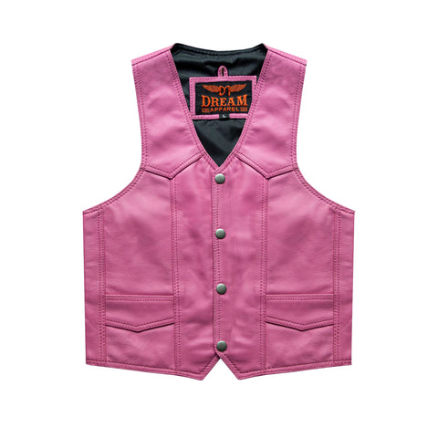 Kids Pink Leather Motorcycle Vest With Button Snap Closure