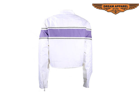 Women's White Lightweight Textile Jacket W/ Purple Stripe