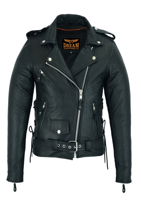 Women Motorcycle Classic Leather Jacket Premier Cowhide Leather Gun Pockets Side Laces