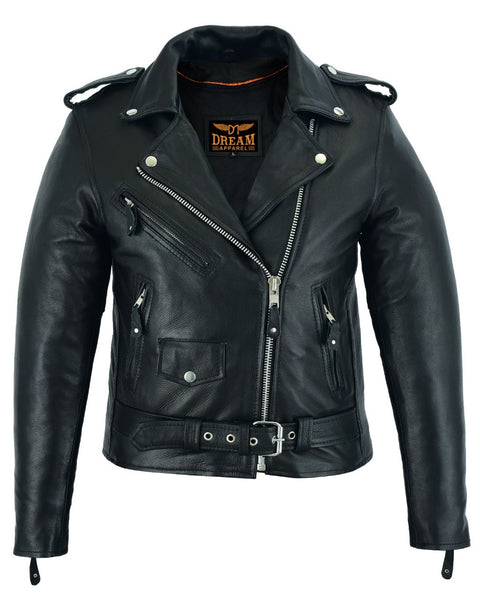 Dream Apparel Women Motorcycle Classic Leather Jacket Premium Cowhide Leather Silver Hardware