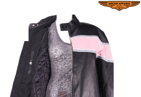 Womens Racer Jacket With Pink & Double Silver Stripes