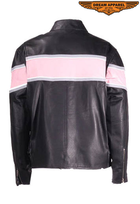 Womens Racer Jacket With Pink & Double Silver Stripes