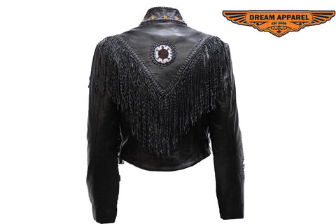 Women's Black Leather Jacket With Beads, Studs, Bone & Fringe