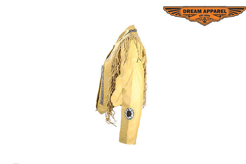 Women's Mustard Yellow Leather Jacket With Beads, Studs, Bone & Fringe