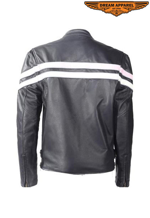 Womens Leather Jacket With Cream & Pink Stripes