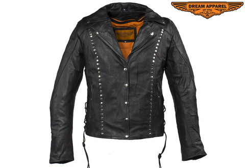 Womens Studded Leather Motorcycle Jacket With Concealed Carry Pockets