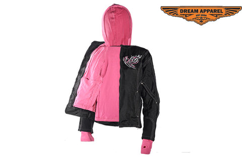 Women's Textile Jacket With Pink Removable Hoodie & Butterfly Embroidery Design