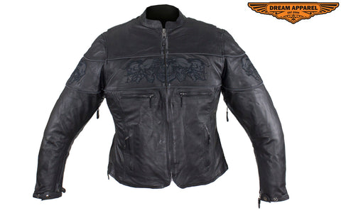 Womens Leather Motorcycle Jacket With Reflective Skulls