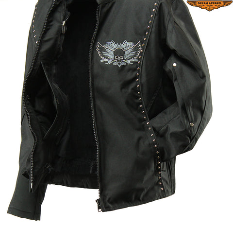 Women's Studed Motorcycle Textile Jacket With Grey Hoodie & Sull & Wings