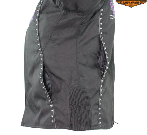 Women's Studed Motorcycle Textile Jacket With Purple Hoodie & Sull & Wings