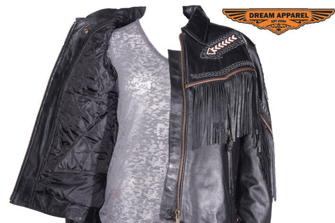 Womens Leather Jacket With Braid & Fringe