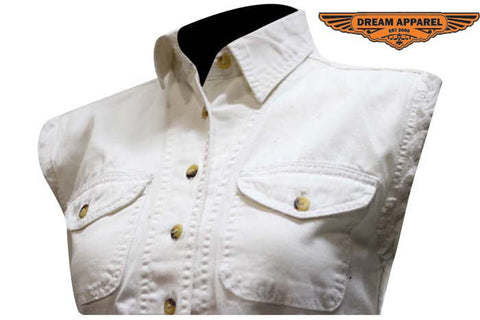 Women White Denim Sleeveless Shirt with Buttons