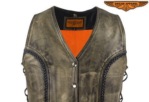 Women's Distressed Brown Leather Motorcycle Vest With Side Laces