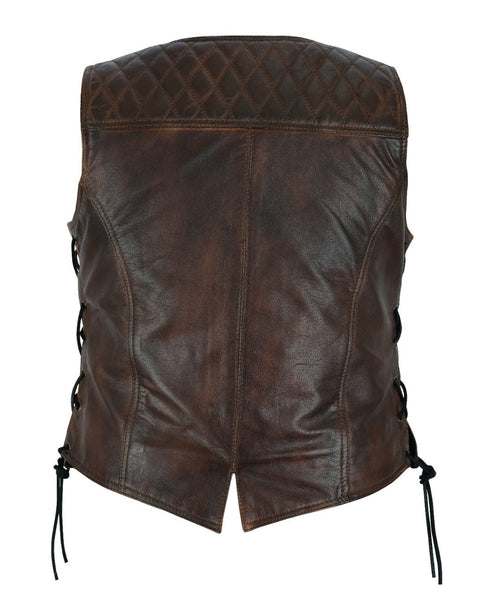 Dream Apparel® Premium Cowhide Brown Vest with Diamond Design on Shoulder & Upper Back