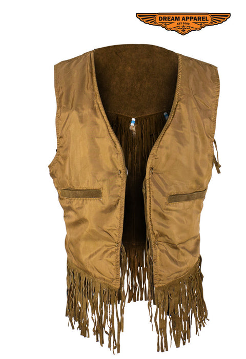 Women Brown Western Style Vest with Fringes and Beads Genuine Leather