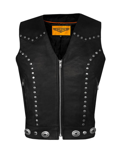 Dream Apparel Womens Studded Decorative Conchos Leather Motorcycle Vest With Concealed Pockets