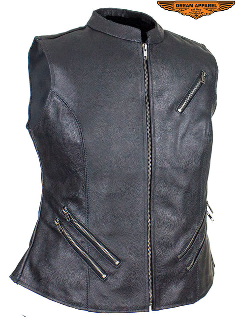 Dream Apparel Womens Leather Motorcycle Vest With Two Concealed Carry Pockets & Zippered Lower Back