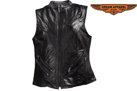 Dream Apparel Womens Leather Motorcycle Vest With Two Deep Conceal Carry Pockets