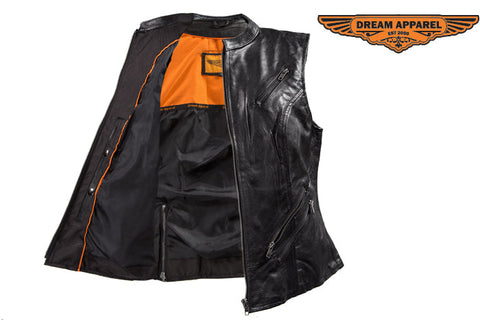 Dream Apparel Womens Leather Motorcycle Vest With Two Deep Conceal Carry Pockets