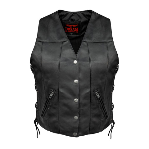 Dream Apparel Womens Motorcycle Leather Vest With Concealed Carry Pockets & Side Laces