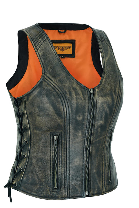 Women's Distressed Brown Naked Leather Vest Side Laces, front zipper