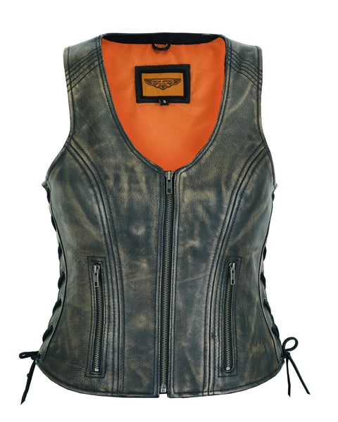 Women's Distressed Brown Naked Leather Vest Side Laces, front zipper