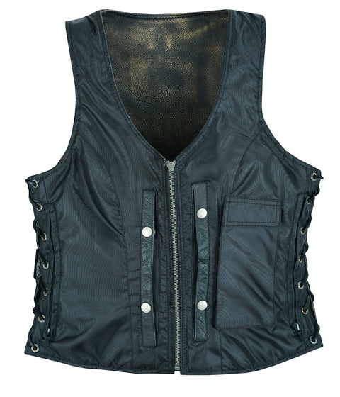 Women's Distressed Brown Naked Leather Vest Side Laces, front zipper