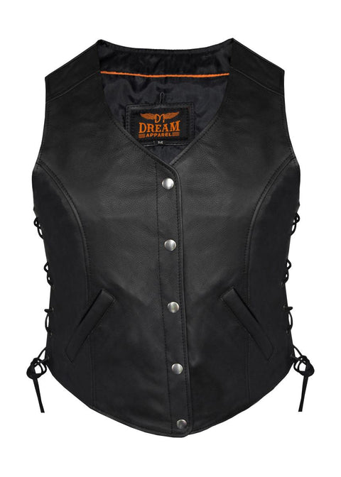 Women Plain Vest Side Laces, Long with 5-Snap Front, Conceal Carry Pockets, Premium Cowhide Leather