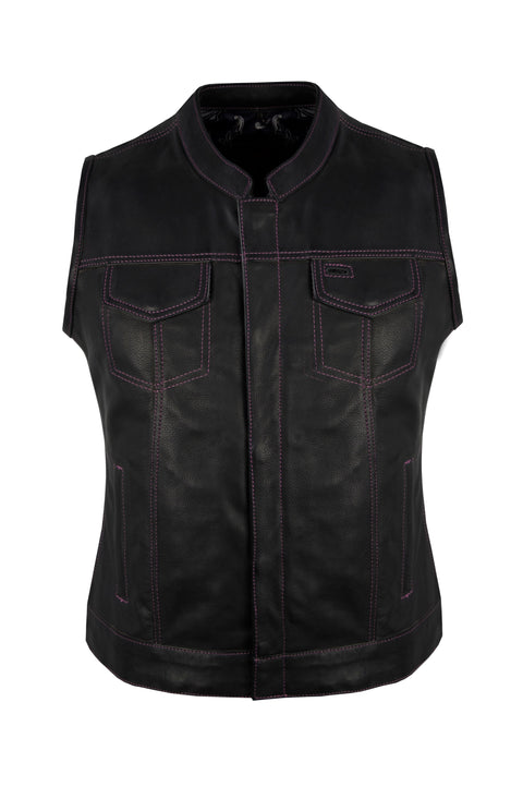 Ladies Motorcycle Leather CLUB VEST Premium Cowhide Leather Purple Thread, Purple Paisley Lining