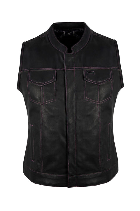 Dream Apparel Ladies Motorcycle Leather CLUB VEST Purple Thread, Purple Paisley Lining