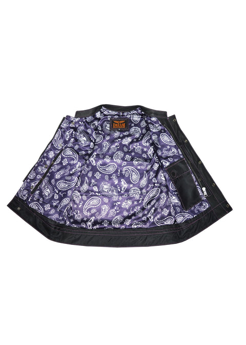 Dream Apparel Ladies Motorcycle Leather CLUB VEST Purple Thread, Purple Paisley Lining