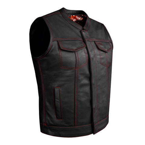 Ladies Motorcycle Leather CLUB VEST Premium Cowhide Leather Red Thread, Red Paisley Lining