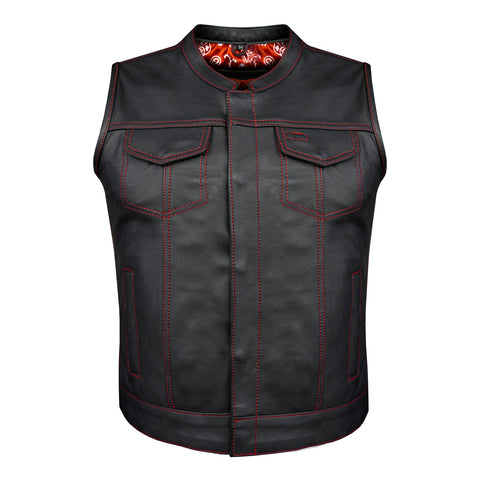 Ladies Motorcycle Leather CLUB VEST Premium Cowhide Leather Red Thread, Red Paisley Lining