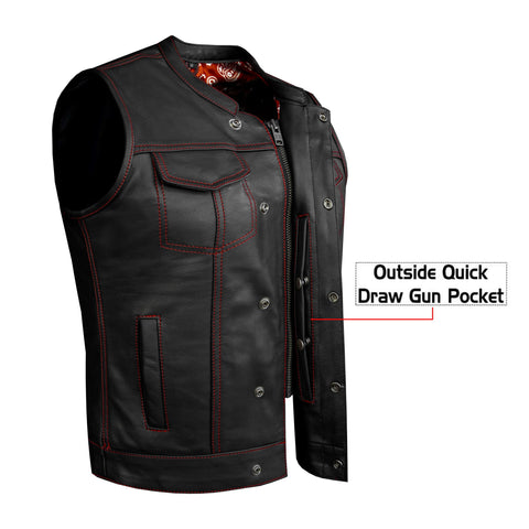 Ladies Motorcycle Leather CLUB VEST Premium Cowhide Leather Red Thread, Red Paisley Lining