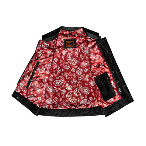 Ladies Motorcycle Leather CLUB VEST Premium Cowhide Leather Red Thread, Red Paisley Lining