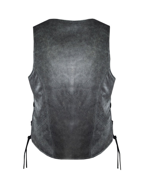 Women Grey Zipper Front Vest Side Laces, Conceal Carry Pockets, Premium Cowhide Leather