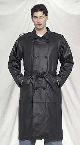 Mens Long Black Naked Cowhide Leather Motorcycle Coat With Belt