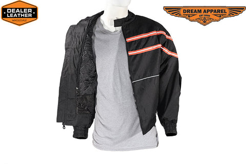 Men's Black Light Textile Motorcycle Jacket w/ Orange Stripe Across Design